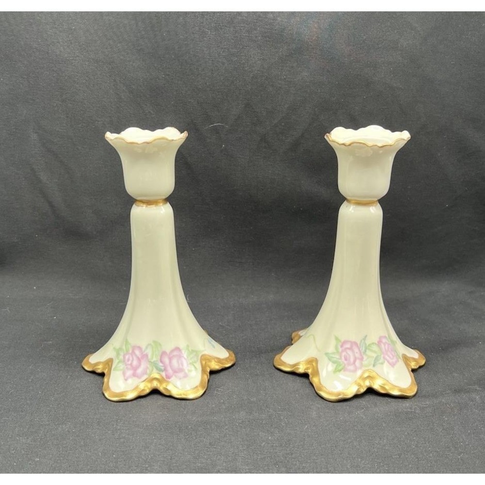 Haviland France Limoges Porcelain Candlestick Holders Pink Rose Gold Trim Set 2 - Picture 5 of 9